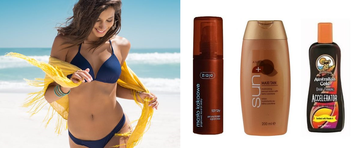 kobieta w bikini na plaży i przyspieszacze opalania