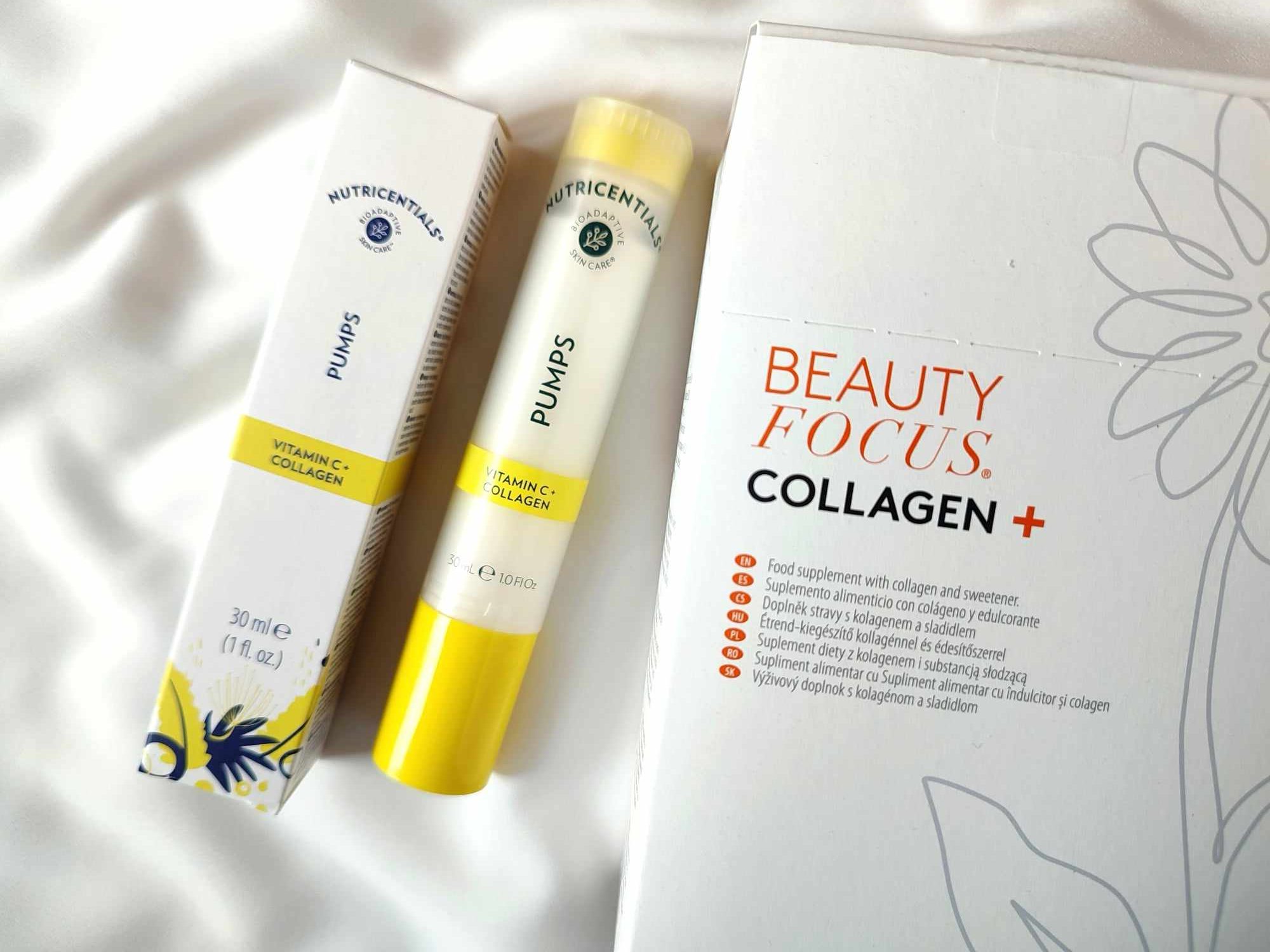 test serum Nutricentials Pumps Vitamin C + Collagen oraz suplementu Beauty Focus Collagen +