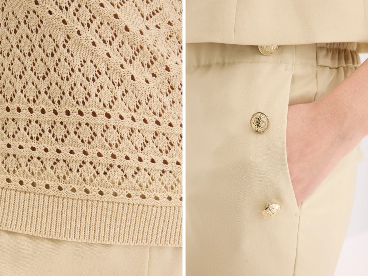 Ażurowy top + spodnie w kant Bonprix