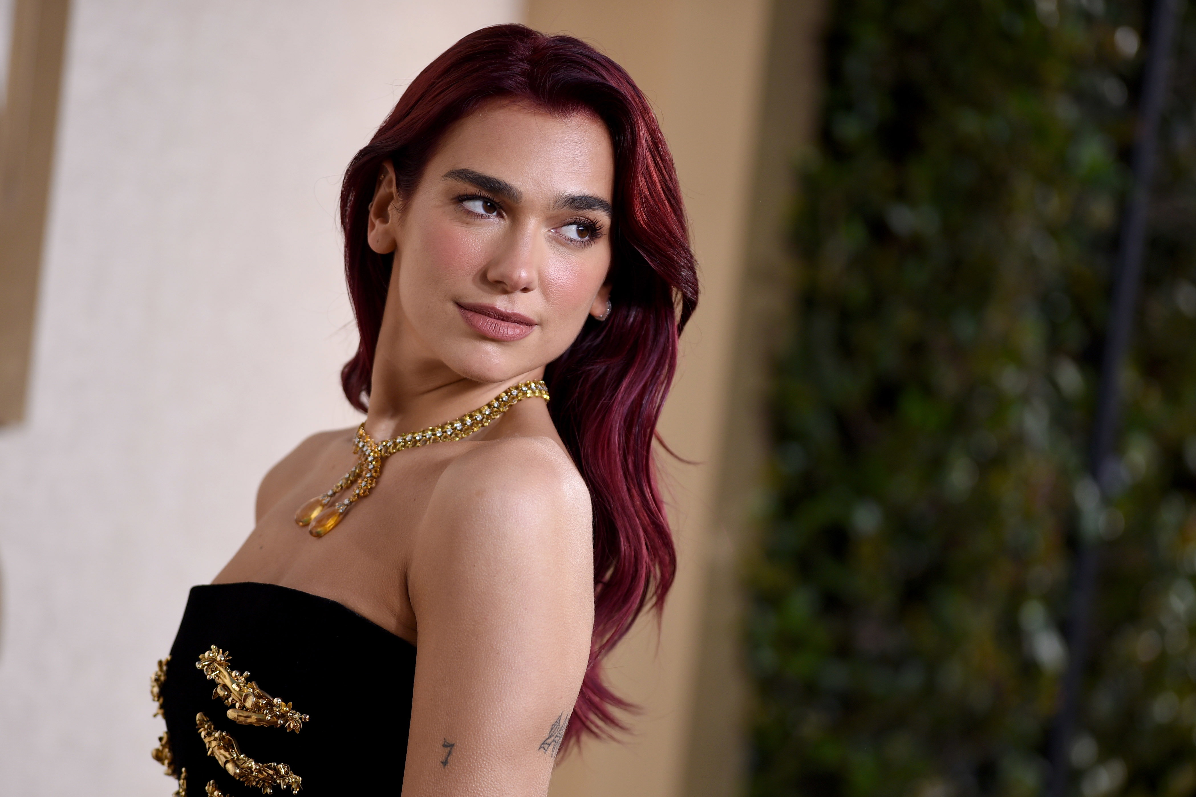 Dua Lipa w koloryzacji włosów w stylu "black cherry"