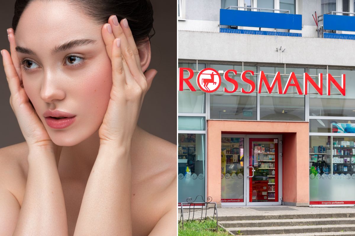 kobieta dotykająca swojej twarzy, piękna cera, witryna drogerii Rossmann