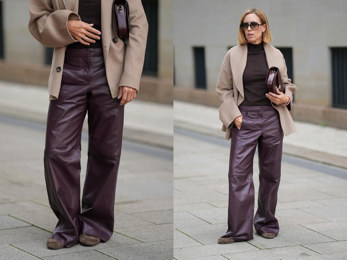 woskowane flare pants w mahoniowym odcieniu (1)
