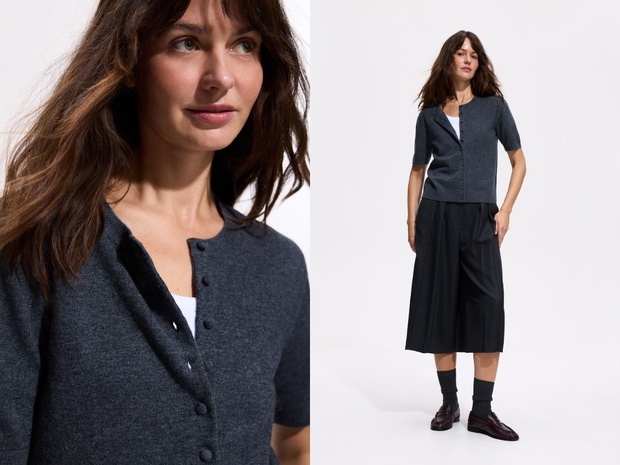 Antracytowy kardigan z wełny merino w nurcie modern classics